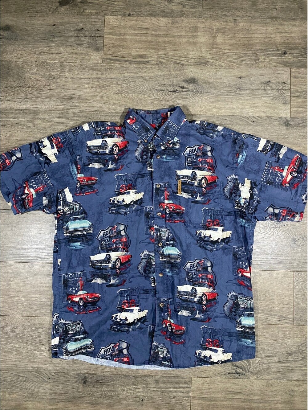 North River Route 66 Classic Cars Shirt Mens L Blue Button Up Cotton Retro